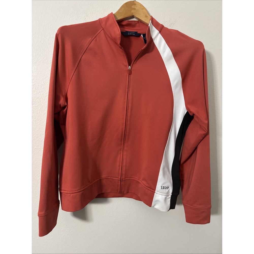 IZOD X-tra Dry Full Zip Jacket Size Medium Coral With Color Block Raglan Sleeve